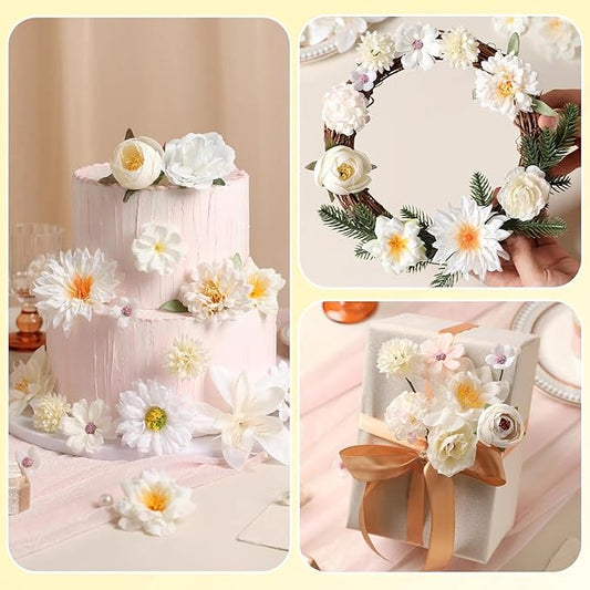Artificial Flowers Heads Combo White Flowers Mix Silk Flowers Heads Bulk Faux Rose for Craft Garland Graduation Cap Wedding Bridal Baby Shower Home Party Decoration DIY Cake Decor