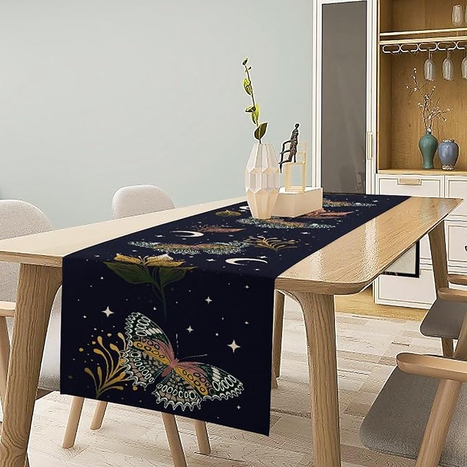 Gothic Moth Table Runner, Boho Gothic Floral Butterfly Sun Moon Mystical Witchy Starlight Coffee Table Center Decor for Home Kitchen Dining Patio Holiday Party Table Decorations 13x72 inches