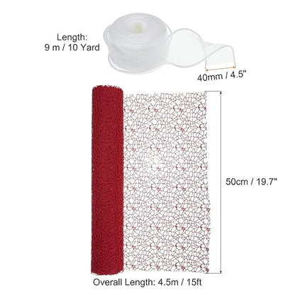 PATIKIL Flower Wrapping Mesh Paper, 15ft Floral Bouquet Craft Packaging Hollow Net Yarn with Ribbon for Flowers Gift Packaging, Red