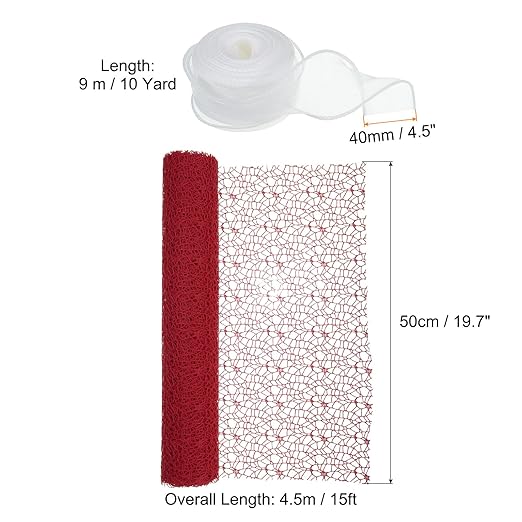 PATIKIL Flower Wrapping Mesh Paper, 15ft Floral Bouquet Craft Packaging Hollow Net Yarn with Ribbon for Flowers Gift Packaging, Red