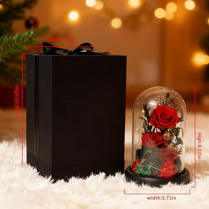Christmas Real Preserved Flowers with LED, Red Forever Eternal Roses in Glass Dome, Gifts for Her Women Girlfriend for Birthday Anniversary, Home Decor