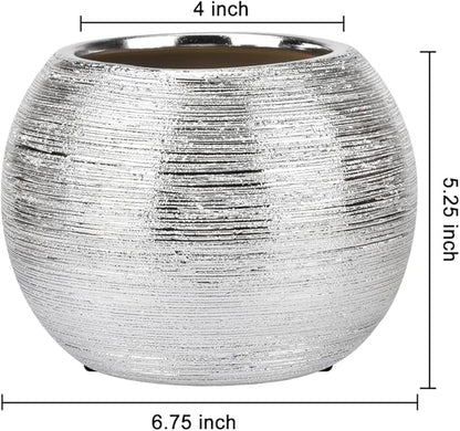 Silver Round Metallic Ceramic Planter Vase Indoor Decorative Centerpieces Flower Pot Sphere Plant Pot