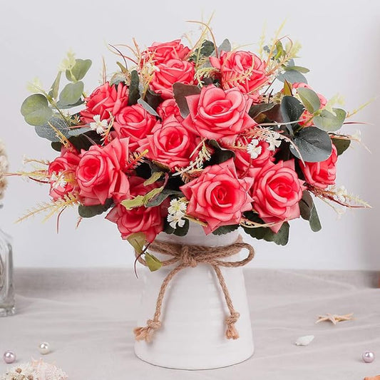 LESING Artificial Rose with Vase,Fake Silk Flowers Bouquets in Vase Table Centerpiece Arrangement for Kitchen Living Room(Red-1)