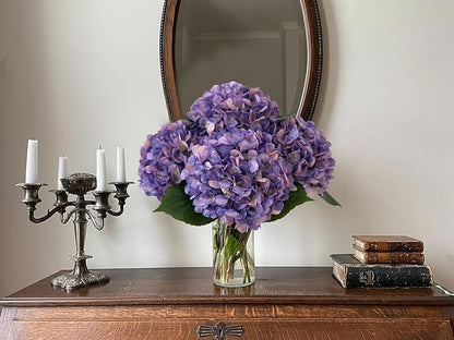 YalzoneMet 4Pcs Purple Silk Hydrangea Artificial Flower Lifelike Big Blooms 20'' Long Stem Faux Hydrangea Flower Bouquets for Home Party Indoor Outdoor Wedding Table Centerpiece Decor
