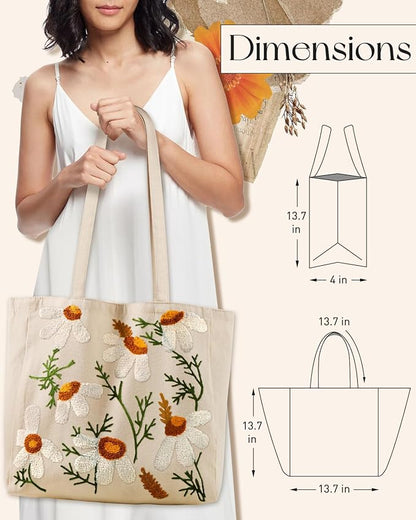 Aesthetic Embroidery Tote Bag for Women - Reusable Canvas Cute Shoulder Bag for Shopping, Grocery, Work, Book
