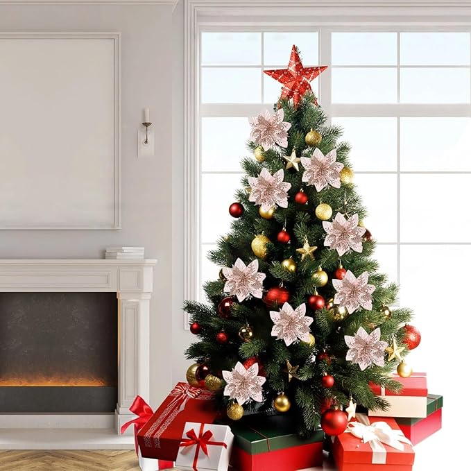 Zhuqing 15Pcs Christmas Poinsettia Artificial Flowers Decorations, Glitter Poinsettia Christmas Tree Ornaments, Rosegold Tree Flower for Xmas/Party/Holiday/Wreath/Garland Decor, with Cilps, 5.5 Inch