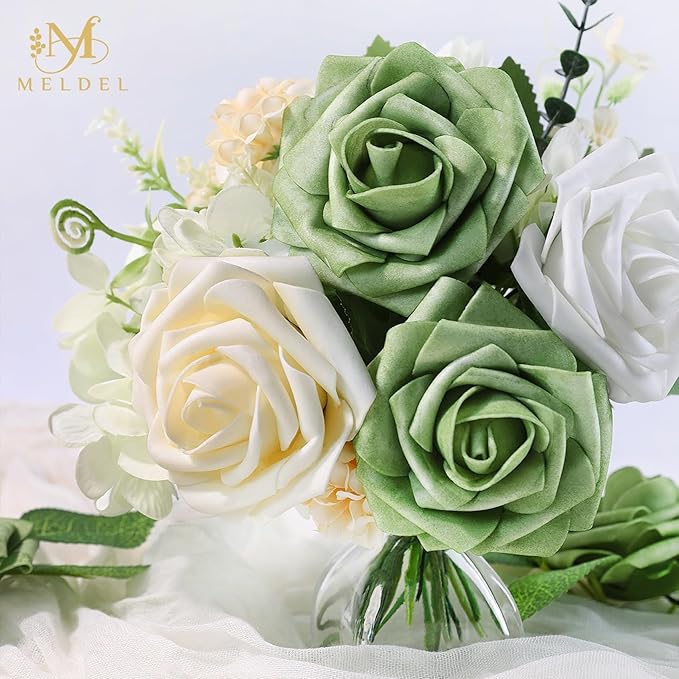Meldel Artificial Flowers 25pcs Real Looking Elf Green Foam Fake Roses with Stems for DIY Wedding Bouquets Bridal Shower Centerpieces Floral Arrangements Home Decorations Bulk Crafts Rose
