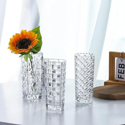Clear Glass Vase for Flowers Esmiome Square Embossed Rectangle 6in High Glass Bud Vases Small Vase for Flowers Plant Terrarium Candle Holder Water Glasses for Wedding Centerpiece Office Table,IcePlate