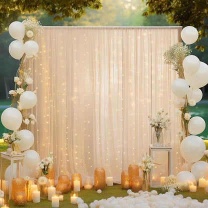 30x10ft Champagne Tulle Backdrop Curtain with Lights String for Parites, Sheer Backdrop Curtains for Wedding Baby Shower Birthday Party Photo Shoot Decorations