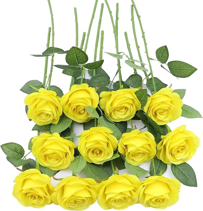 12pcs Yellow Roses Artificial Rose Flowers Fake Roses Flowers with Long Stems Silk Flowers for Wedding Bouquet Centerpices Decorations Party Bridal Baby Shower Home Decor