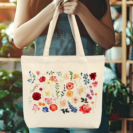 Aesthetic Floral Canvas Tote Bag for Women with Pocket, Tote Bags for Grocery Shopping Work Gym Christmas Birthday