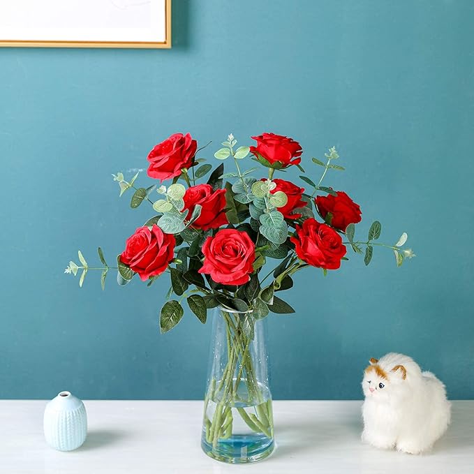 Hawesome 12PCS Artificial Silk Flowers Realistic Roses Bouquet Long Stem for Home Wedding Decoration Party (12pcs-red 1)