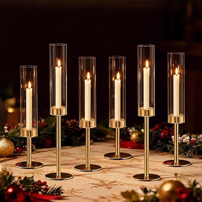 Gold Candlestick Holders Set of 6 – Tall Candle Sticks Holder Decor – Vintage Centerpiece Table Decorations – Dining Room Decor – Candle Holder Decor – Wedding Decorations – Home Decor Aesthetic Gift