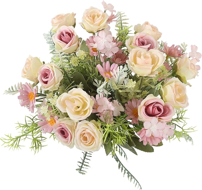 Artificial Flowers Fake Rose Bouquet 3 Pack Artificial Flowers Bouquet Plastic Flower Arrangements Wedding Decoration Table Centerpieces(Purple)