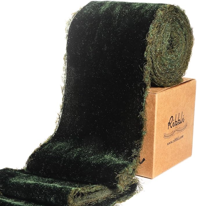 Ribbli Dark Moss Velvet Ribbon 3 Inch Handmade Frayed Vintage Christmas Ribbon for Gift Wrapping Christmas Tree Ornament Wreath Craft Home Decor -3 Yards