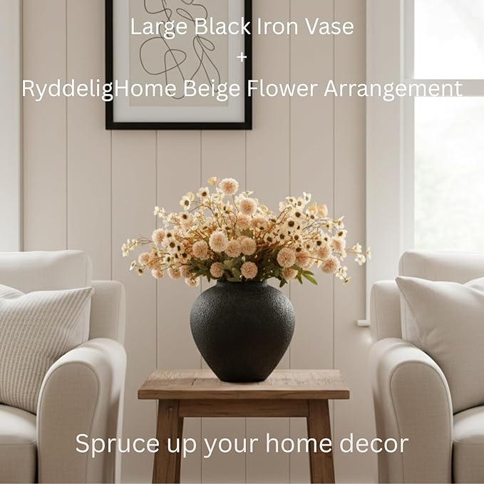 Black Large Round Vase Pottery Look for Home Decor, Arina Black Rustic Vase Modern Farmhouse, Console Table Decor, Earthy Textured Big Black Round Vases for Centerpieces, Jarrones Grandes