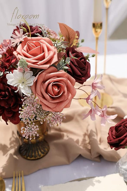 Floroom Artificial Flowers 50pcs Real Looking Burgundy & Pinky Cedar Foam Fake Roses with Stems for DIY Wedding Bouquets Bridal Shower Centerpieces Floral Arrangements Party Tables Home Decorations
