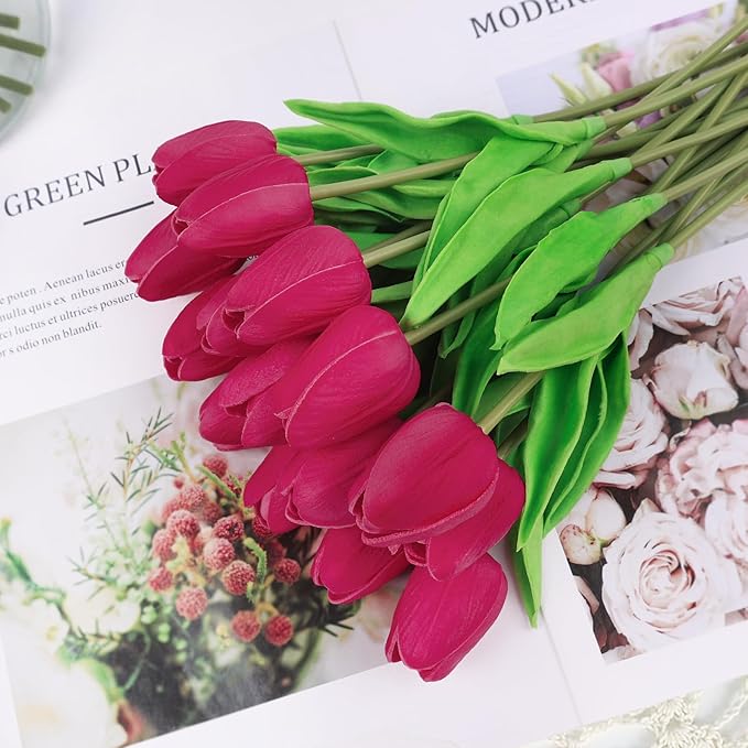 Beferr 18pcs Tulips Artificial Flowers Faux Tulip Real Touch Fake Flowers Bouquets Arrangements for Mothers Day Easter Spring Flowers Gifts Home Table Decor Rose Red