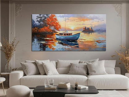 Brushart Ship Wall Art for Living Room, Large Canvas Wall Art Landscape Picture Painting Wall Decor Textured Artwork for Walls Bedroom Home Office 48"x24"