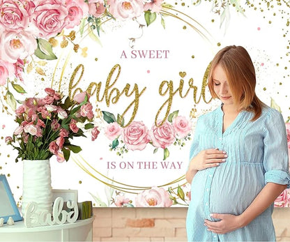 Sensfun Pink Floral Baby Girl Backdrop for Baby Shower Party Decorations Glitter Gold Watercolor Flower It's a Sweet Baby Girls Baby Shower Banner Photography Background Photo Booth Shoot Props 8x6ft