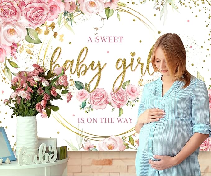 Sensfun Glitter Gold Pink Floral Baby Girl Baby Shower Backdrop Banner Decorations,Watercolor Flower Its a Sweet Baby Girls Baby Shower Party Decor Photography Background Photo Booth Shoot Props 7x5ft