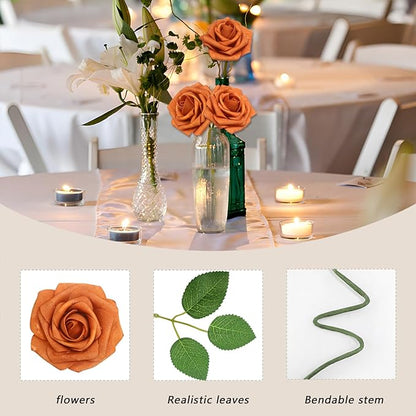 100PCS Artificial Flowers Burnt Orange Roses Real Looking Foam Fake Roses with Leaves and for DIY Wedding Bouquets Bridal Shower Centerpieces Party Decorations (Burnt Orange, 100)