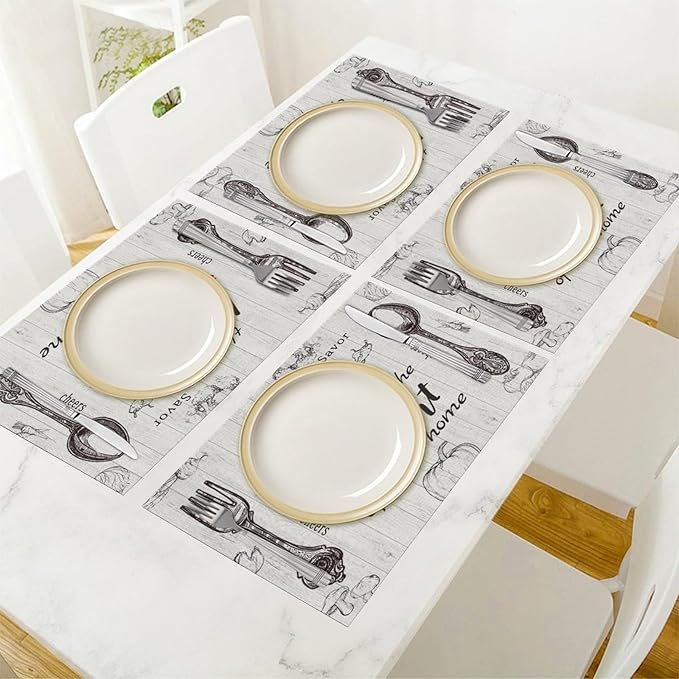 Vegetable Placemats Vintage Rustic Wooden Plank Kitchen Utensils Cutlery Tomato Pumpkin Mushroom Carrot Placemats Table Kitchen Dining Party 12x18 Inch Set of 4