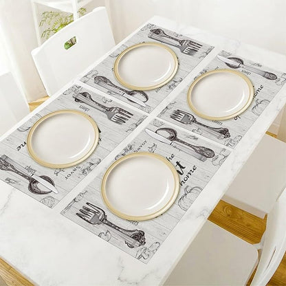 Vegetable Placemats Vintage Rustic Wooden Plank Kitchen Utensils Cutlery Tomato Pumpkin Mushroom Carrot Placemats Table Kitchen Dining Party 12x18 Inch Set of 6