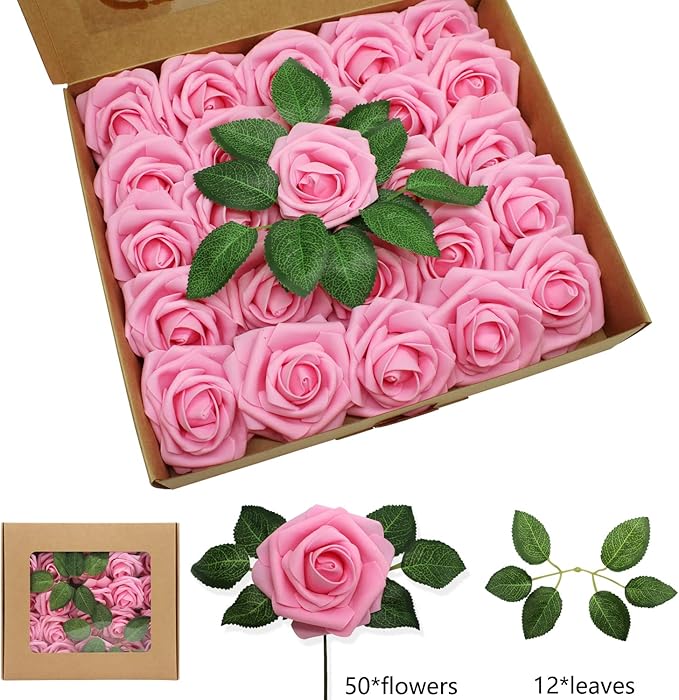 Artificial Roses Flowers 50pcs Real Looking Foam Fake Roses with Stems for DIY Wedding Bouquets Bridal Shower Centerpieces Party Decorations (50, Dark Pink)