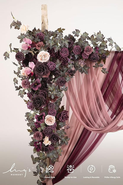 Ling's moment Wedding Arch Flowers with Sheer Drapes Kit - Artificial Deep Plum Floral Arrangements for Ceremony Backdrop, Arbor Decor, 5-Piece Set (2 Flower Stems + 3 Hanging Drapes)