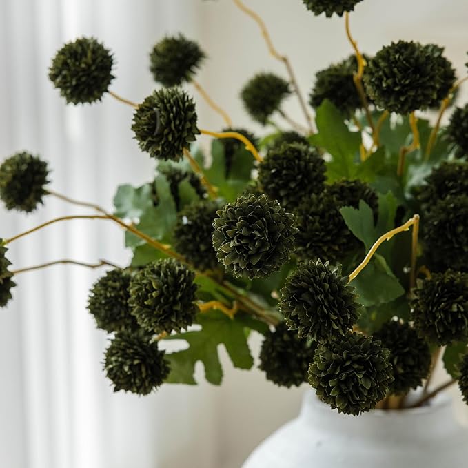 Mizii 6Pcs Green Fake Silk Pompon Mum Artificial Flowers Bulk Small Faux Chrysanthemums with Stems Realistic Floral Decorations for Wedding DIY Bouquet Centerpieces Shower Vase Home Decor (Dark Green)
