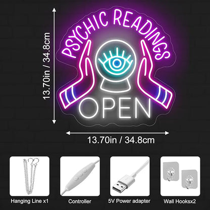 Psychic Readings Open Neon Sign, Palm Reader Wall Light, Home Wall Decor, Yoga Led Sign, Exercise Room Wall Decor, Pilates Studio Art Meditation Room Wall Art Psychic Chakras Healing Exercise
