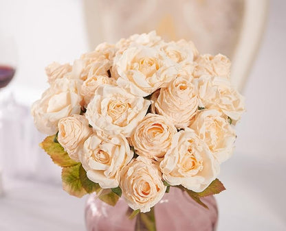 Rose Artificial Flower 28pcs Realistic Faux Silk Roses Fake Flowers Bouquets Arrangements Decor for Wedding Spring Mother's Day, Home Table Decorations, Champagne Flower