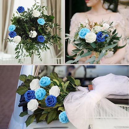 Artificial Flowers 50Pcs Blue and White Roses Real Looking Foam Fake Roses with Leaves for DIY Wedding Bouquets Bridal Shower Party Decorations (Blue Series, 50)