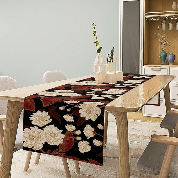 Vintage Flowers Table Runner,Boho Red Gold Floral Plant Print Art Table Runner for Home Kitchen Table Dining Indoor Outdoor Party Decor 13x108 Inch
