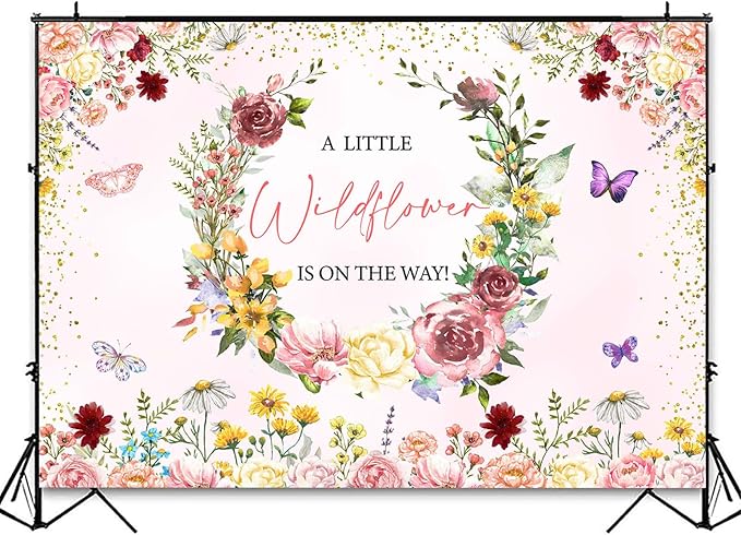 InMemory Wildflower Baby Shower Backdrop Pink Floral Party Decorations for Girls,A Little Wildflower is On The Way Banner Background Wild flower Theme Baby Shower Party Supplies Photobooth Props 8x6ft