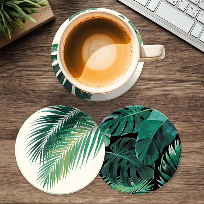 ANATTASOUL Coasters Set of 9 Tropical Leaves Pattern Colorful Wooden Coasters Bulk Round Housewarming Gift for New Home, 3.9" Decorative Coffee Table Protection for Farmhouse Bar House Decor