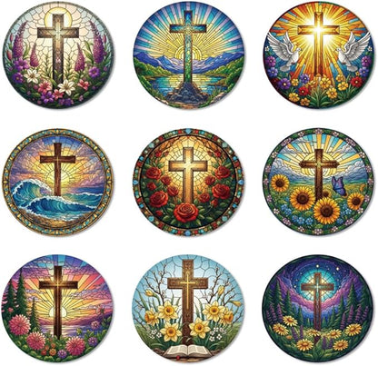 ANATTASOUL Coasters Set of 9 Cross and Flower Pattern Colorful Wooden Coasters Bulk Round Housewarming Gift for New Home, 3.9" Decorative Coffee Table Protection for Farmhouse Bar House Decor