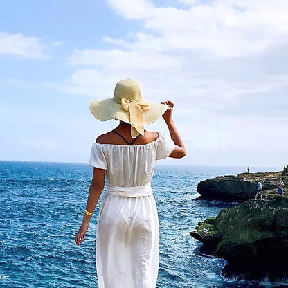 DRESHOW Beach Hats for Women Big Straw Wide Brim Summer Hat Floppy Foldable Roll up Cap Sun Hat UPF 50+