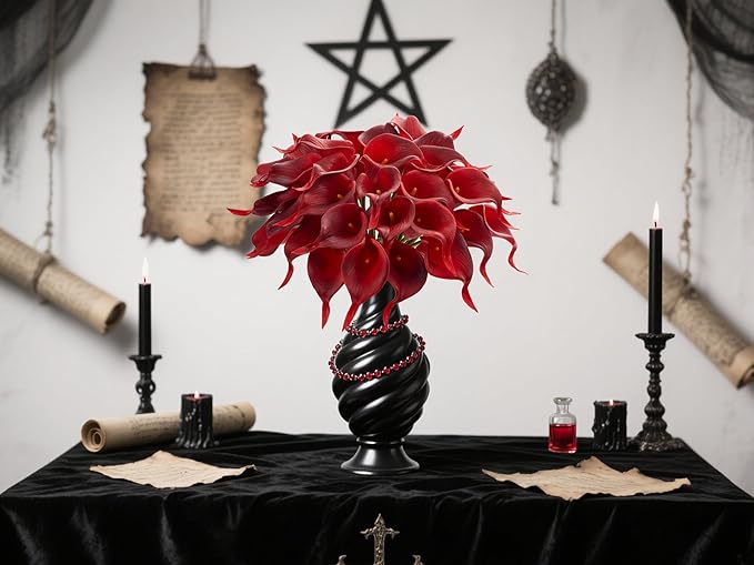 24 Pcs Artificial Calla Lily Flowers Fake Silk Flowers Real Touch for Halloween Wedding Bouquet Office Home Kitchen Decor (Burgundy)