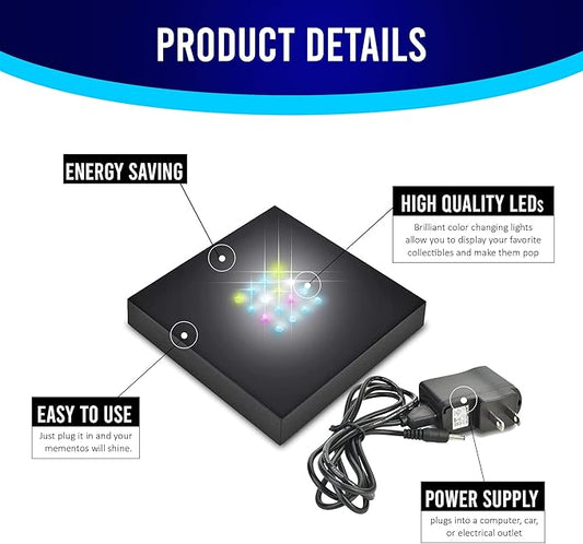 16 LED Multi-Color Light Stand Base- Lighted Acrylic Display, Crystal Display, Trophy & Art Hologram, 3D Pedestal Stand for Crafts, & Other Special Centerpieces, 4.5V AC/USB Adapter, Matte Black