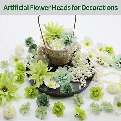 56pcs Faux Flower Heads for Crafts Artificial Green Real Looking Fake Rose Peony Hydrangea Flowers for Craft Garland Wedding Party DIY Home Decoration