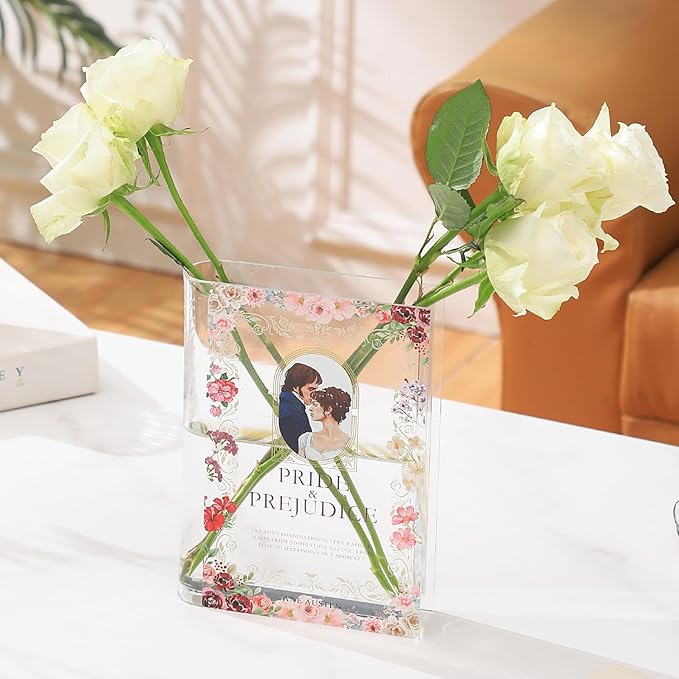 Acrylic Book Shaped Vase, Clear Book Flower Vase, Modern Decorative Vases for Home/Living Room/Bookshelf/Bedroom/Office Decor Aesthetic, Book Lovers Gifts(Pride)