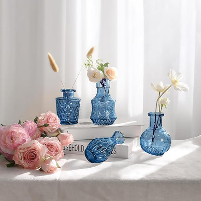 Blue Glass Vase Set of 12, Clear Bud Vase in Bulk, Small Flower Vases for Centerpieces, Mini Vases for Flowers, Vintage Decorative Embossed Vase for Home Decor, Wedding Table Decoration, Gift