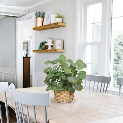 DILATATA Artificial Eucalyptus Stems in Woven Basket Planter, 12" Fake Plant Eucalyptus Leaves with Green Seeds Faux Potted Plant Greenery for Table Centerpiece Office Indoor Home Decor
