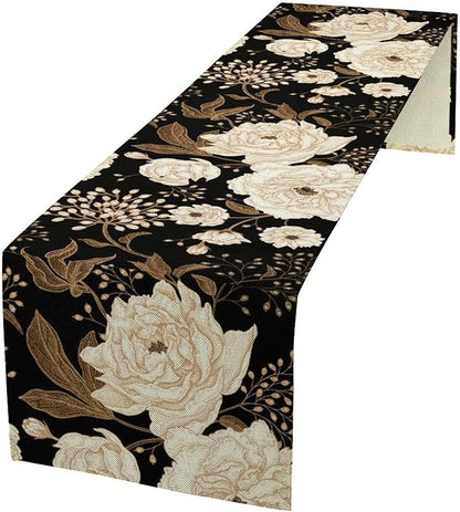 Vintage Flowers Table Runner,Black Gold Peony Rose Print Table Runner for Home Kitchen Table Dining Indoor Outdoor Party Decor 13x60 Inch