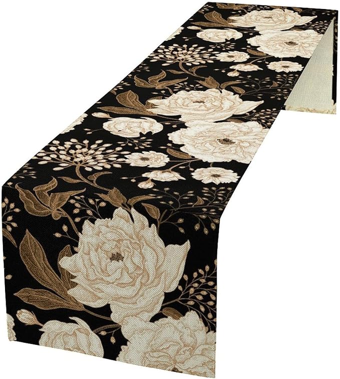 Vintage Flowers Table Runner,Black Gold Peony Rose Print Table Runner for Home Kitchen Table Dining Indoor Outdoor Party Decor 13x70 Inch