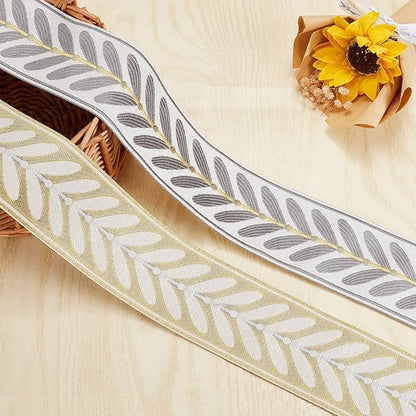 OLYCRAFT 10.9Yards Jacquard Ribbon Trim 2.4 Inch Leaf Pattern Polyester Ribbons Grey White Woven Embroidery Trim for DIY Sewing Crafts Handmade Bag Belts Clothing Decoration