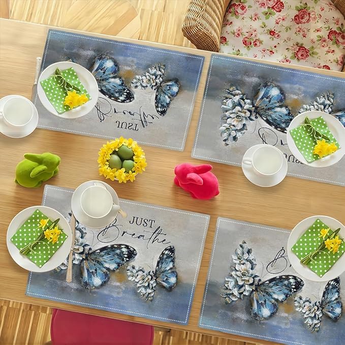 Blue Butterfly Placemats Set of 6, Farmhouse Country Rustic Just Breathe Place Mats Washable Double-Sided Table Mats for Dining Room Home Party Indoor 6 PCS 12x18 Inch
