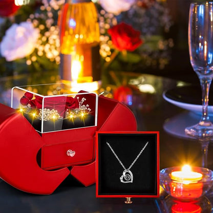 Preserved Red Real Rose with I Love You Necklace, Birthday Gifts for Women Her Mom Wife Girlfriend Grandma Christmas Anniversary Romantic-Red